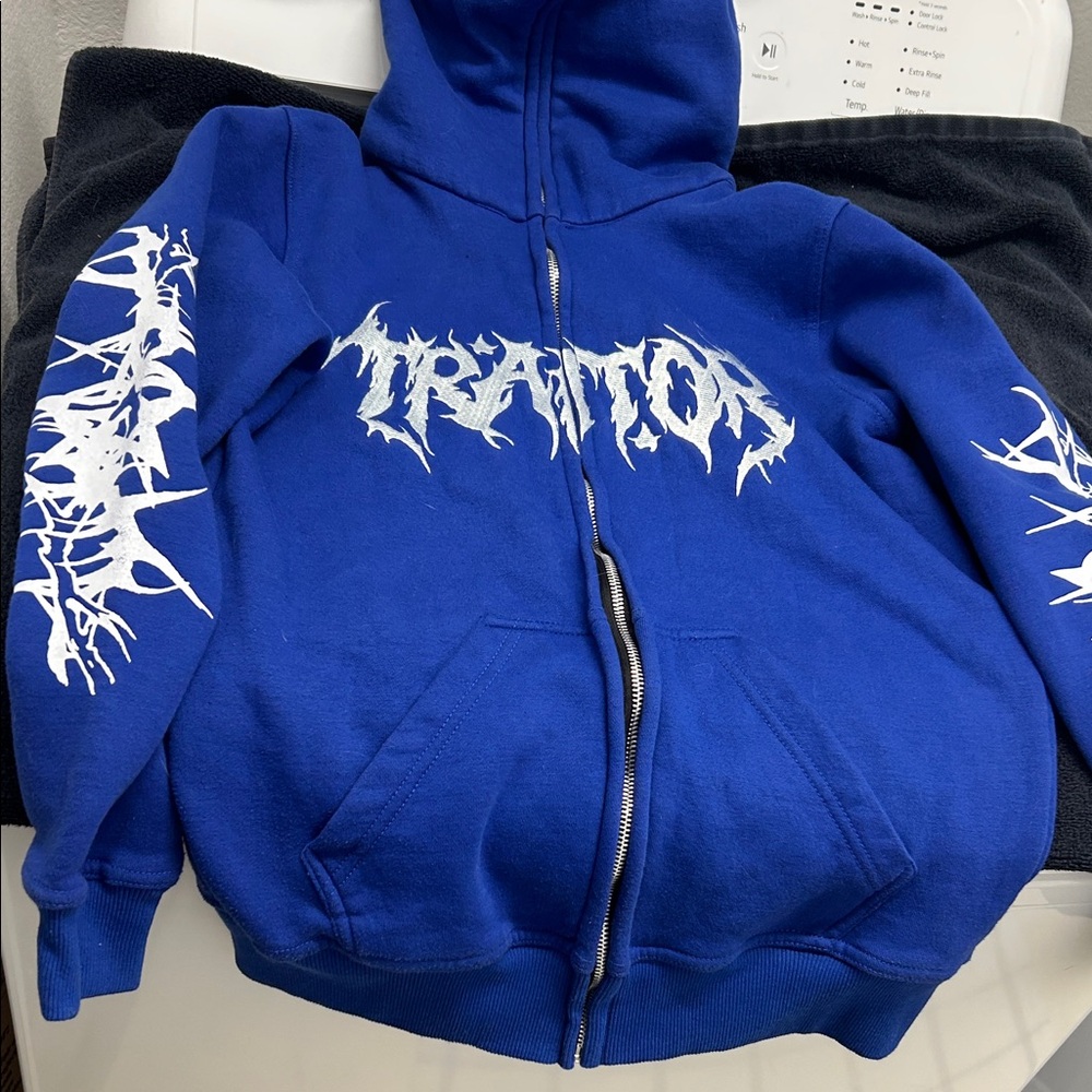 TRAITORS Blue Zip-Up Hoodie with White Graphic